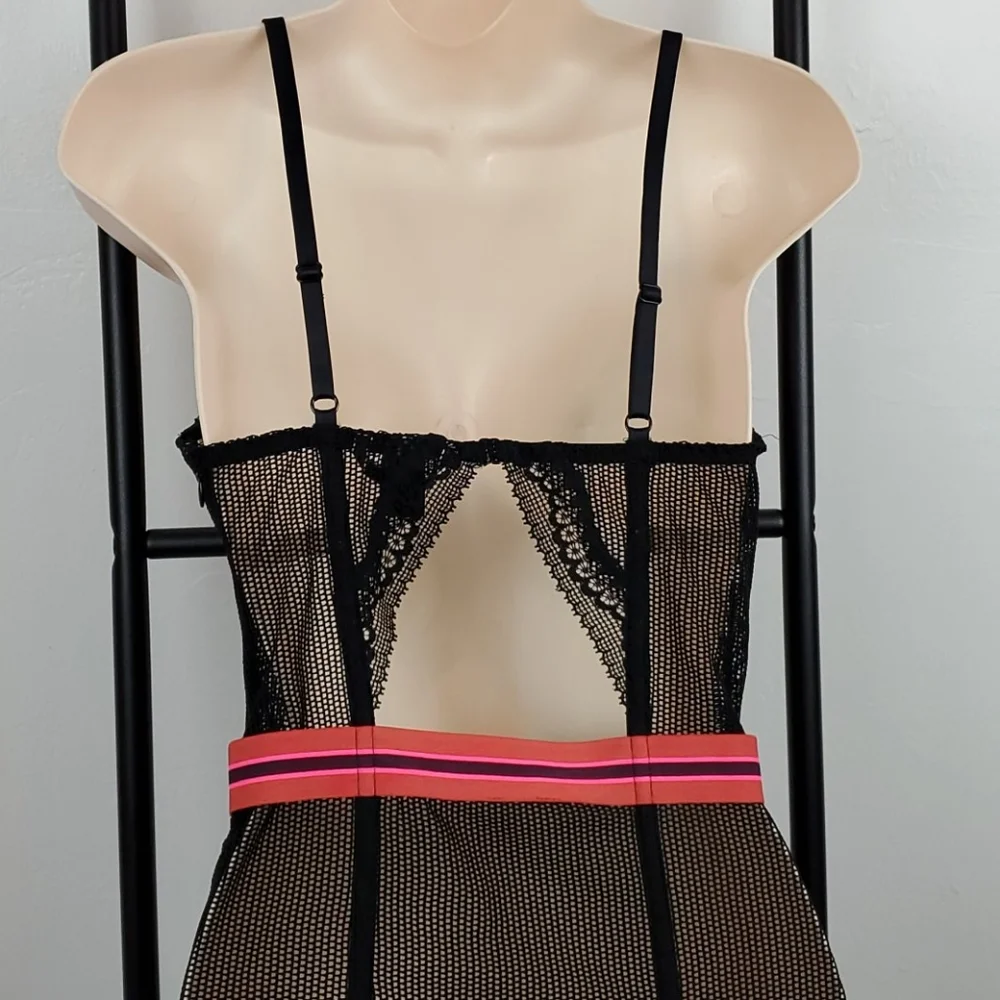 Victoria Secret Red Black Lace Corset Suspender 34D Sexy Lingerie